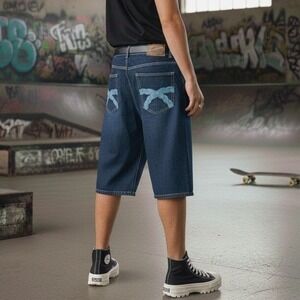 EVOLUTION IN DESIGN Mens Dark Wash Denim Shorts Size 36 Embroidered Pockets